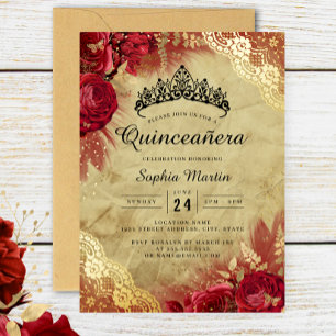 Rode Gouden Bloemrijke Kant Quinceanera  Folie Uitnodiging