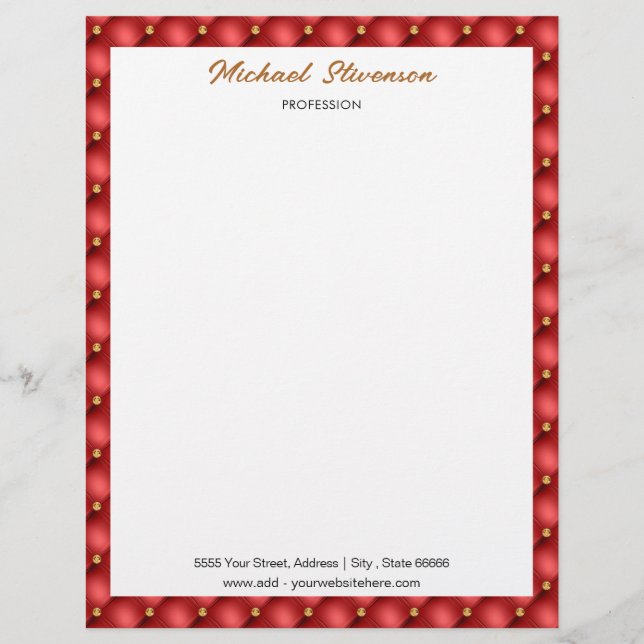 Rode Gouden Diamanten Ingelijste Letterkop Geperso Briefhoofd (Voorkant)