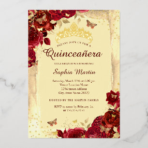 Rode Gouden Elegante Bloemvlinder Quinceanera Folie Uitnodiging