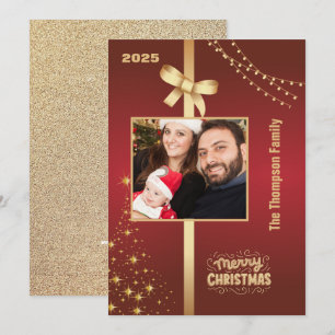 Rode Gouden Glitter Familie Foto Kerstmis Feestdagenkaart