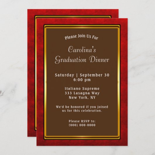 Rode Gouden Kader Bruine Eetkamer Afstudeerfeest Kaart (Voorkant / Achterkant)