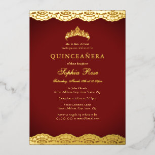 Rode Gouden Kant Tiara Quinceanera Folie Uitnodiging
