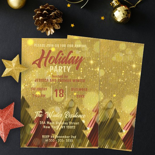 Rode Gouden Kerstbomen Vakantie Party Uitnodiging