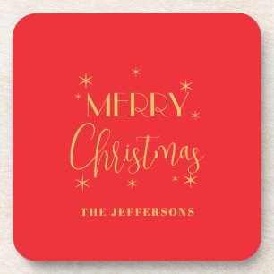 Rode & Gouden Kleuren Prettig Kerstmis Familienaam Bier Onderzetter