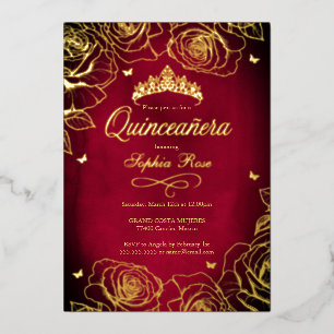Rode Gouden Kroonrozen Thema Quinceanera Folie Uitnodiging