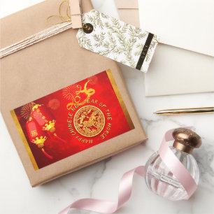 Rode Gouden Lantaarns Chinese Paard papierknippen Rechthoekige Sticker