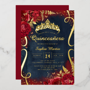 Rode Gouden Marine Bloemenrol Quinceanera Folie Uitnodiging