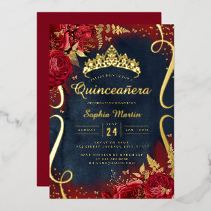 Rode Gouden Marine Bloemige Scroll Quinceanera  Folie Uitnodiging