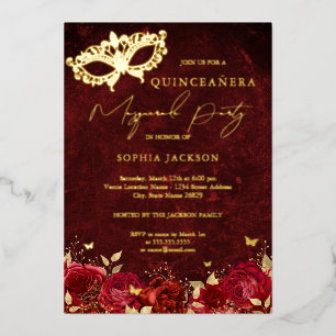 Rode Gouden Masker Maskerade Feest Roze Quinceaner Folie Uitnodiging