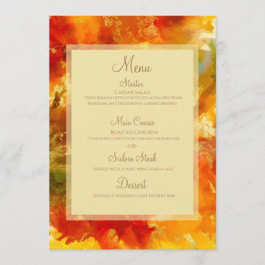 Rode, gouden, oranje, groene marmerinkdruk menu (Voorkant)