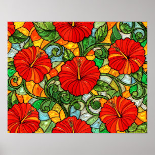 Rode Gouden Oranje Hibiscus Nagemaakt Gebrandschil Poster