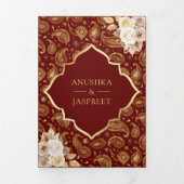 Rode Gouden Paisley Bloemen QR Code Indische Bruil Drieluik Uitnodiging (Cover)