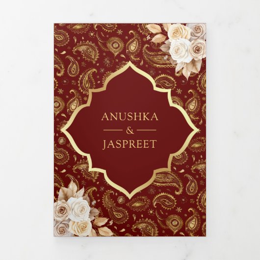 Rode Gouden Paisley Bloemen QR Code Indische Bruil Drieluik Uitnodiging (Cover)