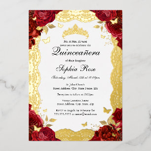 Rode Gouden Roos Kant Vlinder Quinceanera Verjaard Folie Uitnodiging
