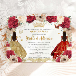 Rode gouden Rozen Floral Twins Quinceañera 15 XV Kaart