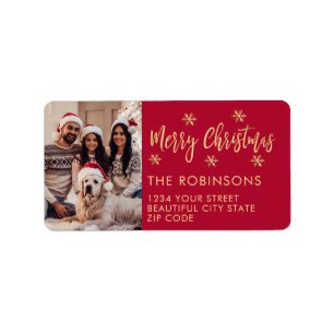 Rode Gouden Sneeuwvlok Foto Kerst Terug Adres Etiket