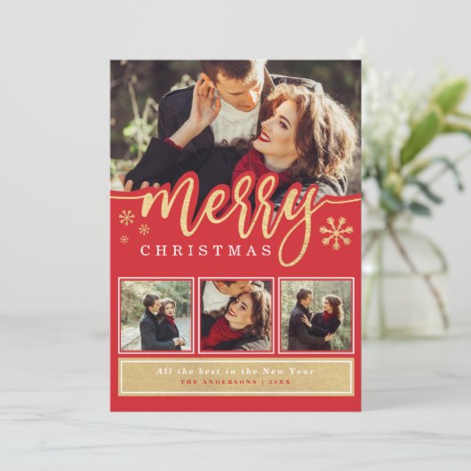 Rode Gouden Sneeuwvlok Kerst Foto Collage Feestdagenkaart (Staand voorkant)
