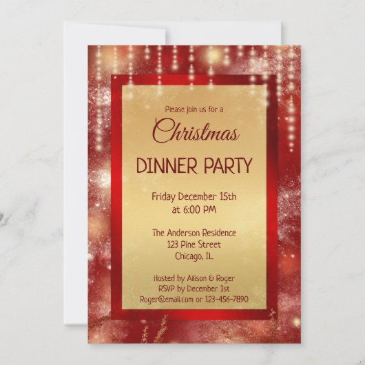 Rode Gouden Sprankelende Lichten Kerstmis Diner Pa Kaart (Voorkant)