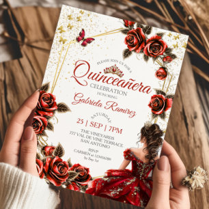 Rode Gouden Tiara Rozen Vlinder Quinceañera Kaart