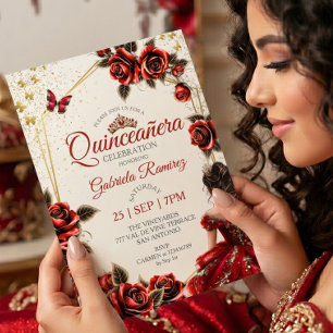 Rode Gouden Tiara Rozen Vlinder Quinceañera Kaart