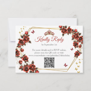 Rode Gouden Tiara Rozen Vlinder Quinceañera RSVP Kaartje