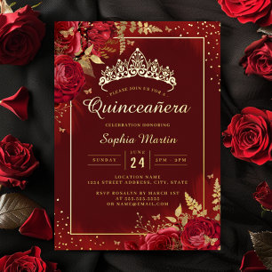 Rode Gouden Vlinder Bloemige Quinceanera Folie Uitnodiging