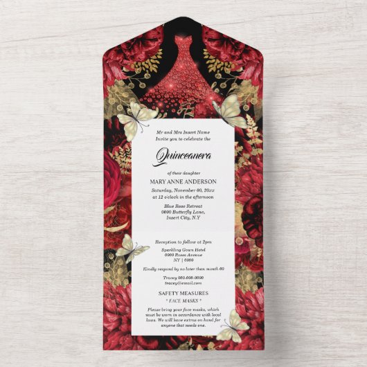 Rode gouden vlinder met mousserende geit all in one uitnodiging (Binnen)