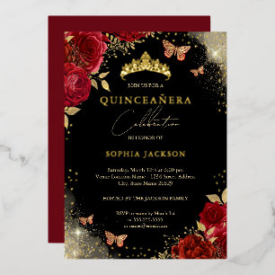 Rode Gouden Vlinder Roze Tiara Quinceanera Folie Uitnodiging