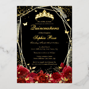 Rode Gouden Zwarte Bloemvlinder Tiara Quinceanera Folie Uitnodiging