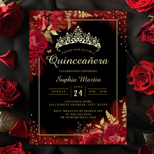 Rode Gouden Zwarte Vlinder Bloemige Quinceanera Folie Uitnodiging