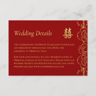 Rode goudflorale grensdetails voor Chinese bruilof Informatiekaartje