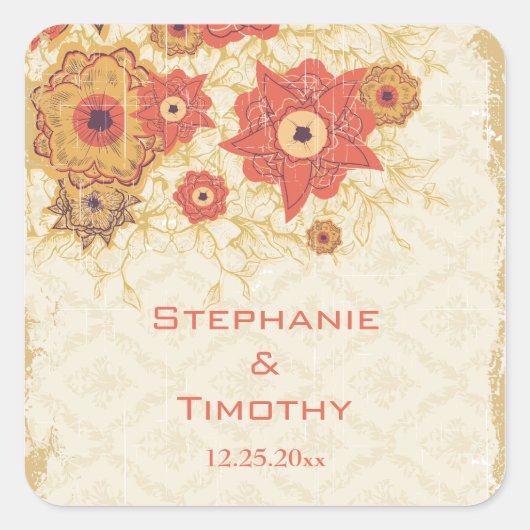 rode goudpapaverbloemen bruiloft vierkante sticker (Voorkant)