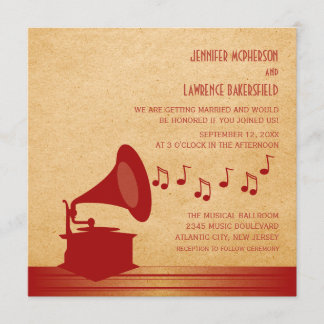 Rode Gramophone Wedding Invite Kaart