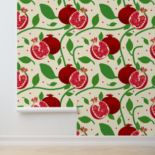 Rode granaatappel en groene botanische crème behang