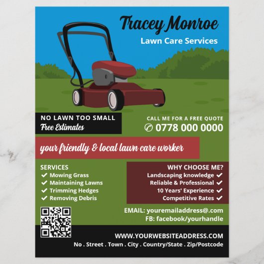 Rode grasmaaier scène, gazon zorg diensten flyer (Voorkant)