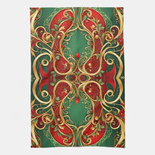 Rode Groene Bloemen Kerst Vakantie Keuken Handdoek (Verticaal)