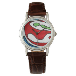Rode groene en blauwe organische vormen op wit horloge
