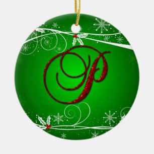 Rode groene hulst beginletter P kerstornament Keramisch Ornament