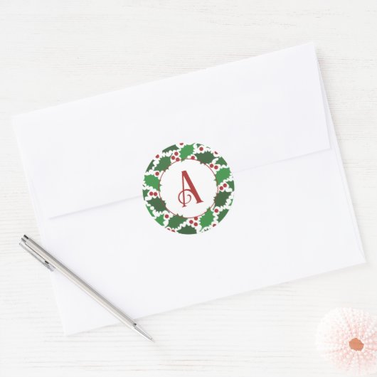Rode & Groene Kerst Monogram Ronde Sticker (Envelop)