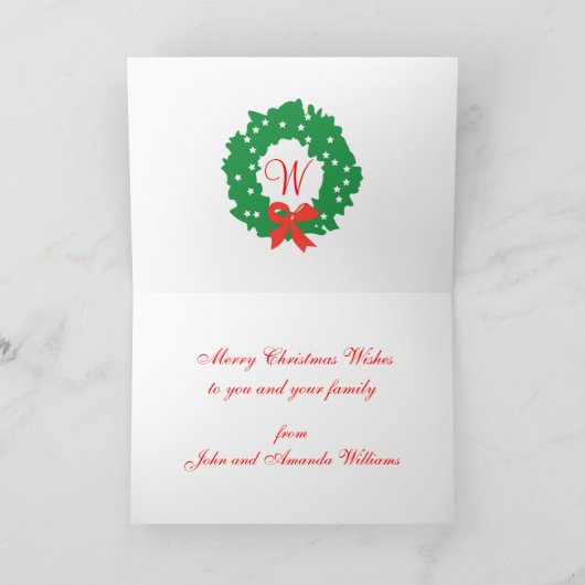 Rode groene krans Monogram Vrolijke Kerstmis Kaart (Binnen)