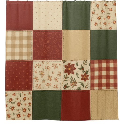 Rode groene Patchwork Quilt Rustieke Boerderij Blo Douchegordijn (Voorkant)