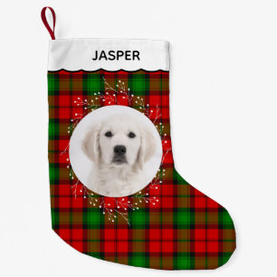 Rode groene tartan geruite winterkrans huisdierhon kleine kerstsok