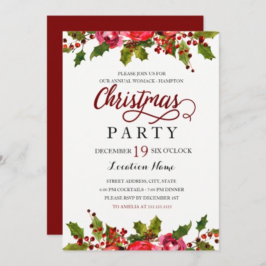 Rode groene Waterverf Holly Leaf kerstfeest Kaart (Voorkant / Achterkant)