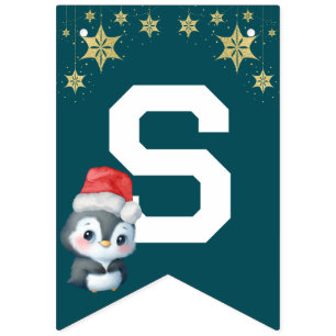 Rode Groene waterverf Pinguïn Vrolijk Kerstfeest Vlaggetjes