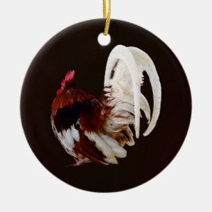 Rode haan met witte staartveren keramisch ornament