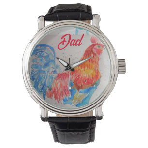 Rode Haan Waterverf Schilderen Vaderdag Papa Horloge
