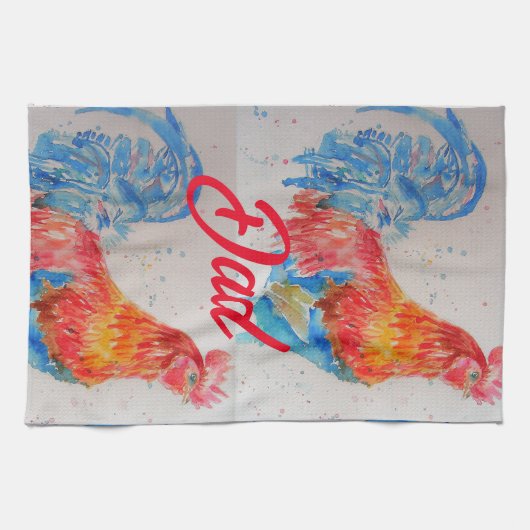 Rode Haan Waterverf Schilderen Vaderdag Papa Theedoek (Horizontaal)