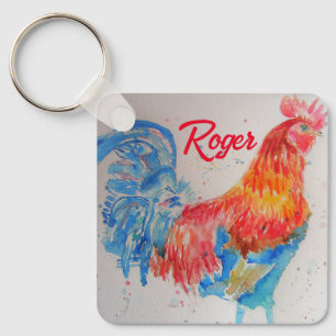 Rode Haan Waterverf Schilderij Art Chicken Sleutelhanger