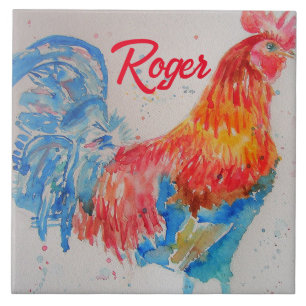 Rode Haan Waterverf Schilderij Art Chicken Tegeltje