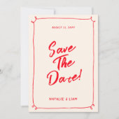  rode hand geschreven eigenzinnige moderne bruilof save the date (Voorkant)